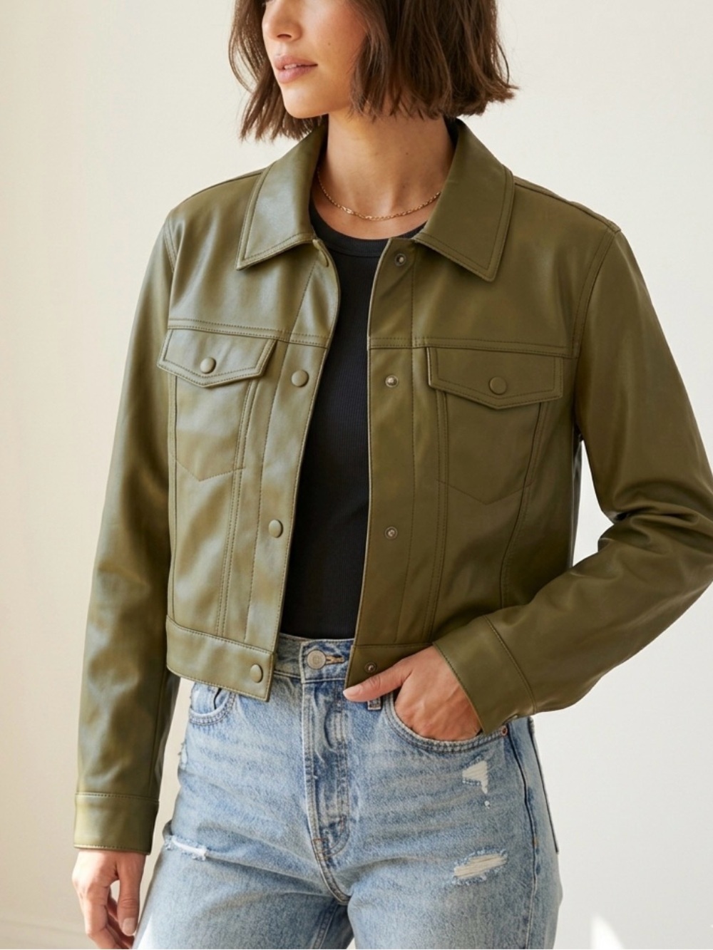 Bagatelle Olive Green Faux Leather Cropped Snap Front Jacket